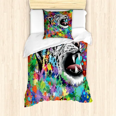 Produktbild von ABAKUHAUS Psychedelisch Mantele, Leopard Wilde Tiere, Milbensicher Allergiker geeignet mit Kissenbezügen, 135 cm x 200 cm - 80 x 80 cm, Mehrfarbig
