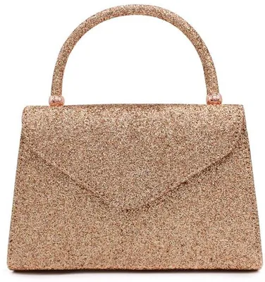 Produktbild von Roségolden Clutch mit Griff und Kettenglied, glitzernd, glänzend, eleganter Abend, Gala, Party, Tisch, klein