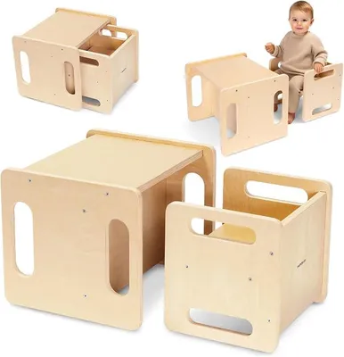Imagen del producto de Silecomplaza: Mesa infantil multifuncional – Mesa y taburete con función de plataforma – Set de madera de 39x36 cm – Ideal para aprender, jugar y actividades cotidianas a partir de los 3 años