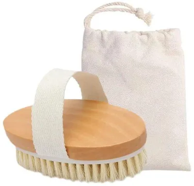 Produktbild von Unyqoos® Körperbürste aus Buchenholz mit Naturborsten – Trockenbürsten & Massage, fördert Mikrozirkulation und Lymphdrainage, kompakt mit Stofftasche