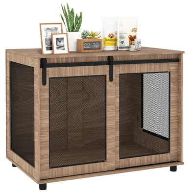 Produktbild von Hundebox, Transportbox für Hunde, Rückzugsbox für Haustiere, verschließbare Türen, 98 x 60 x 78 cm, Hellbraun