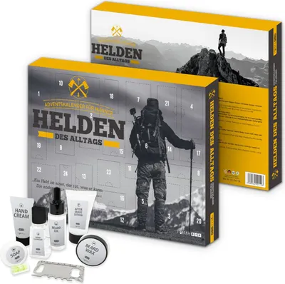 A product shot of an advent calendar for men, with some of the included products displayed in the foreground.