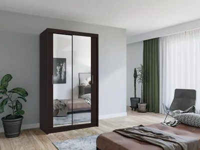 Produktbild von Krudox LUX Wenge Schiebetürenschrank Kleiderschrank 120x216x62 cm mit Spiegel - Schlafzimmermöbel – Mehrzweckschrank mit 2 Kleiderstangen