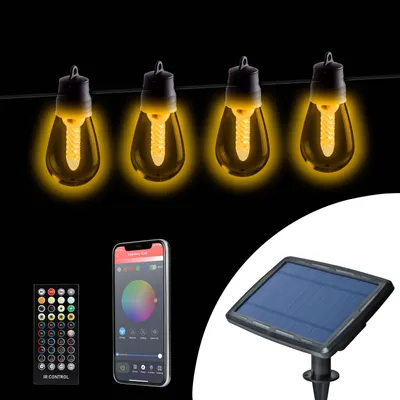 Imagen del producto de Guirnalda de luces solares inteligentes – 25 LEDs – Temperatura de color ajustable – 13,6 m – Con aplicación Bluetooth y mando a distancia – Funciona con energía solar y se puede recargar mediante USB – Ideal para jardín, terraza e iluminación exterior [11744], Imagen generada por IA