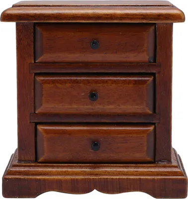 Productafbeelding van Poppenhuis nachtkastje, schaal 1:12, gemaakt van berkenhout, met 3 lades. Realistisch miniatuur nachtkastje voor decoratie in huis, kleur kastanje