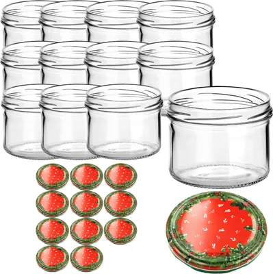 Produktbild von gouveo 12er Set Einmachgläser 230 ml mit Motivdeckel "Weihnachtskranz" - Kleine Vorratsgläser mit TO82 Verschluss - Leere Marmeladengläser, Einkochgläser, Einweckgläser für Weihnachten