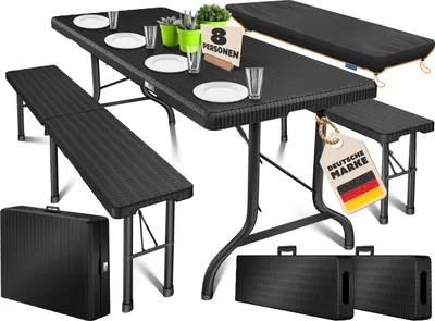 Produktbild von KESSER® Bierzeltgarnitur 3-teilig Set Tisch & 2x Bank | Buffettisch für drinnen & draußen Gartengarnitur klappbar 183x76x74cm Kunststoff Klapptisch Gartentisch inkl. Abdeckung & Tragegriffe