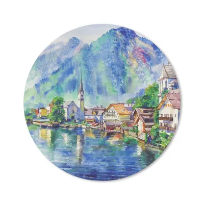 Produktbild von MuchoWow® Mauspad Mousepad Gemälde - Ölfarbe - Haus - Berge - Wasser 20x20 cm - Mousepads - Maus Mat - Pad - Mausunterlage - Schreibtischmatte