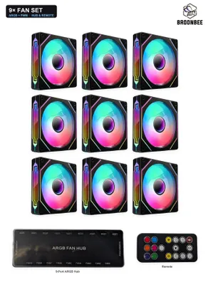 Produktbild von BROONBEE 9x ARGB PWM Gehäuselüfter 120mm Set Schwarz mit ARGB Controller & Fernbedienung – RGB Lüfter, adressierbar 5V 3-Pin Fan