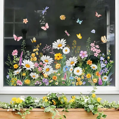 Produktbild von Fensterbilder mit Gänseblümchen und Schmetterlingen für die Fensterdekoration