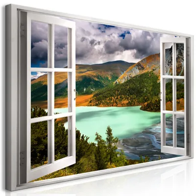 Produktbild von Wandbild Mega XXXL Fensterblick 250x125 cm Einteiliger XXL-Format Kunstdruck zur Selbstmontage Leinwandbilder moderne Bilder DIY Wanddekoration Wohnung Deko Gebirge c-C-0379-ak-e