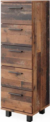 A tall, narrow chest of drawers with a rustic wood finish and black metal legs, shown against a white background.