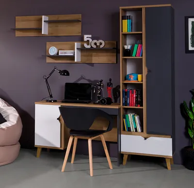 Produktbild von Jugendzimmer Set 4-teilig MARIBOR-132 mit Schreibtisch in Eiche mit weiß, graphit