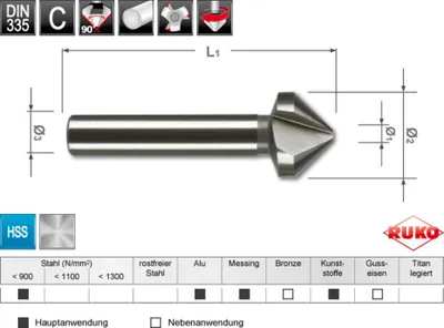 Produktbild von RUKO Kegel- und Entgratsenker DIN 335 Form C 90° HSS, geschliffen Senkdurchmesser Ø2: 6,3 mm
