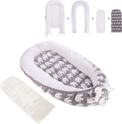 Obrázek produktu pro Baby Nest Pod, kolébka pro novorozence z měkké prodyšné bavlněné pěny, hypoalergenní bionická postýlka se 2 vyměnitelnými matracemi (šedá / slon)