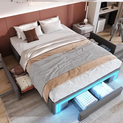 Produktbild von Fortuna Lai Bettgestell 140X200 mit Schubladen, Kunstleder Bett ohne Kopfteil Mit LED-Lichtleiste, MetalllattenPlattformbett für moderne Schlafzimmer Grau