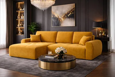Image de Canapé d'angle   avec fonction couchage et coffre de rangement, forme en L, Ivo L, tissu velours Salvador, jaune, gauche