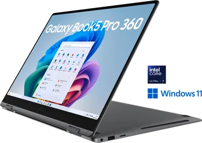 A Samsung Galaxy Book5 Pro 360 laptop is shown at an angle, open and displaying its screen. The screen shows a colorful abstract wallpaper and a Windows 11 interface. Logos for Intel Core Ultra 7 and Windows 11 are visible to the right of the screen.