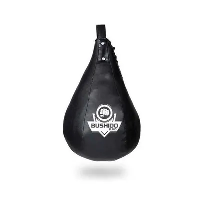 A black punching bag with a logo on it, suspended against a white background.