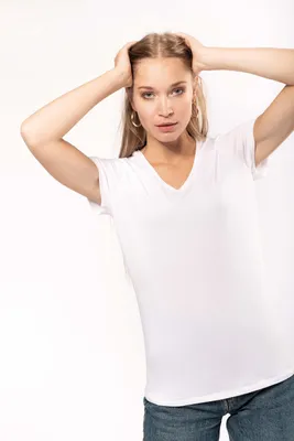Produktbild von Kariban Kurzarm-Damen-T-Shirt mit V-Ausschnitt