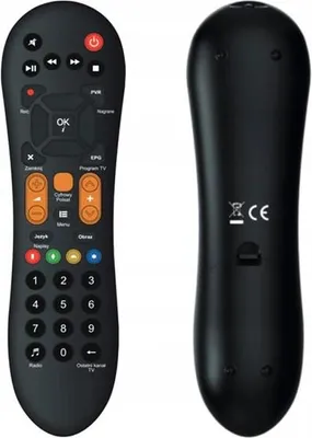 A black remote control is shown from the front and back against a white background.