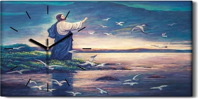 Produktbild von Wohnzimmer-Bild Leinwand Uhr Geräuschlos 60x30 Malerei Religiöse Vögel See Kunst - schwarze Hände