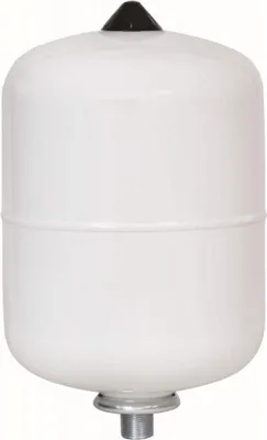 A white expansion vessel with a black cap and a silver threaded fitting on the bottom, isolated on a white background.