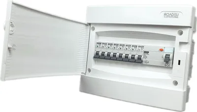 Produktbild von RoadEu Leitungsschutzschalter, Sicherungskasten Komplett mit Fi Schutzschalter 400V, "B" 16A Sicherungsautomat und 10A. Verteiler Unterputz, Hohlwände.