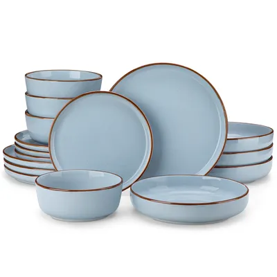 Image de 16 pcs. Service combiné en faïence, service de table avec émail sésame et ligne de bordure, set de vaisselle pour 4 personnes, bleu