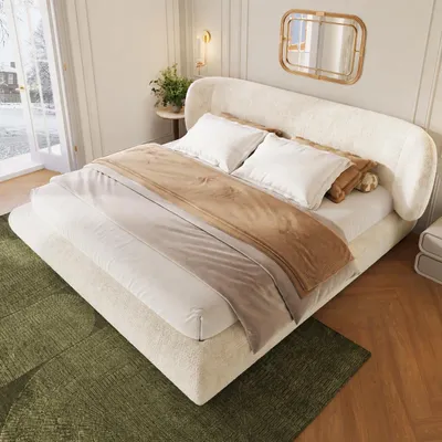 Productafbeelding van Boxspringbed 140 x 190 cm met hoofdeinde en lattenbodem, chenille bekleding, beige