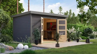 Produktbild von Karibu Gartenhaus Hybridhaus Metall Pluto 7 terragrau 360,5x240,5x219 cm