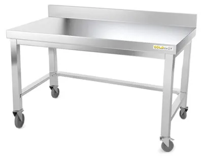 Image de Table de travail en inox soubassement 1400 x 700 mm adossée avec renfort sur roulettes PREMIUM - GOLDINOX
