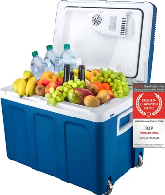 A blue and white cooler filled with fruits, bottles of water, and bottles of wine, with a promotional badge on the side.