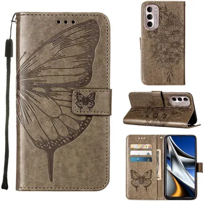 Produktbild von Moto G Stylus 4G 2022 Hülle, Schmetterling Prägung Flip Leder Kartenfächer Schutzhülle Ledertasche mit Ständer für Motorola Moto G Stylus 4G 2022 Grau