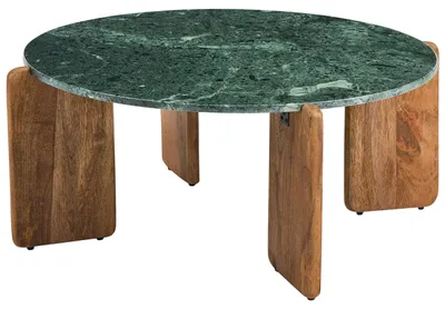 Produktbild von BELIANI Couchtisch Dunkelgrün Marmor u. Mangoholz Rund ⌀ 80 cm Ausgefallenes s Modernes Design Wohnzimmertisch Sofatisch Kaffeetisch