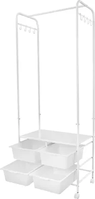 Produktbild von Kleiderständer - Garderobenständer mit Rollen - 63x37x160 cm - 4 Rollen (2 mit Bremse) - 4 Aufbewahrungsboxen - 8 Haken - Stange bis 10 kg - Ablage bis 10 kg - Weiß
