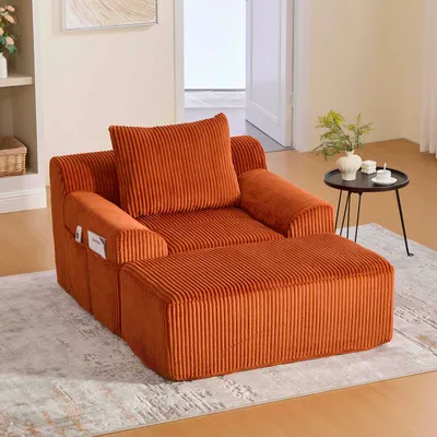 Obrázek produktu pro MODFU Relaxační křeslo s bočními kapsami a polštářem, pohodlné křeslo bez montáže, čalouněné křeslo bez tvrdých částí, oranžová