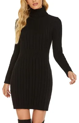 Productafbeelding van Elegante Gebreide Jurk Dames Casual Lange Mouwen Turtleneck Winter Zwart XXL