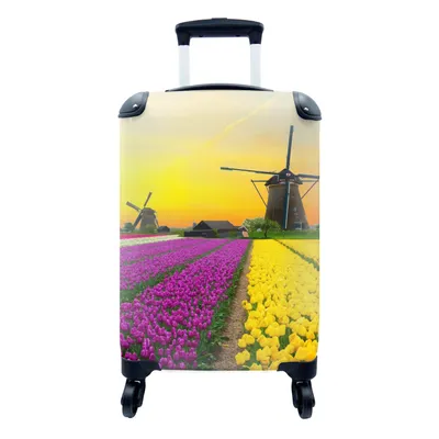 Produktbild von MuchoWow® Koffer Handgepäck Trolley Rollkoffer Kleine Reisekoffer mit 4 Rollen - Windmühle - Tulpen - Blumen - Frühling - Cabin Size < 55x40x23 cm & 55x40x20 cm - Fotokoffer - Kabinenkoffer - Boardgepäck - Reise-Box - Reisekoffer - Reisegepäck - Koffer mit Bild - Trolley für Kinder