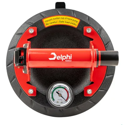 Immagine prodotto di Delphi Tools PRO, ventosa a vuoto, diametro 200 mm, capacità fino a 120 kg, con manometro, per piastrelle e vetro, fornita in custodia