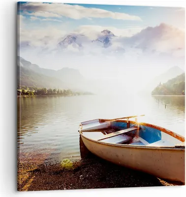 Produktbild von Bild auf Leinwand - Leinwandbild - Berge See Boot - 60x60cm - Wand Bild - Wanddeko - Wandbilder - Leinwanddruck - Bilder - Kunstdruck - Wanddekoration - Leinwand bilder - Wandkunst - AC60x60-3927