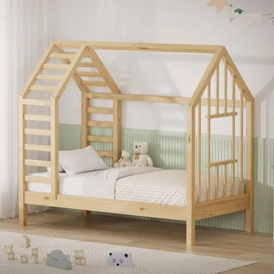 Produktbild von ML-Design Kinderbett 70x140 cm Natur mit Lattenrost, Hausbett mit Dach & Fenster, Bettgestell aus Kiefernholz, Montessori Holzbett für Mädchen, Jungen