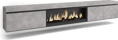 A modern, wall-mounted TV cabinet with a built-in electric fireplace.