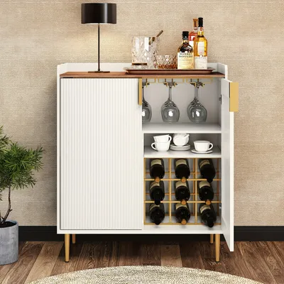 Zdjęcie produktu dla Solidna, drewniana półka na wino w stylu retro, przeznaczona na 9 butelek, z uchwytem na kieliszki, kolor biały