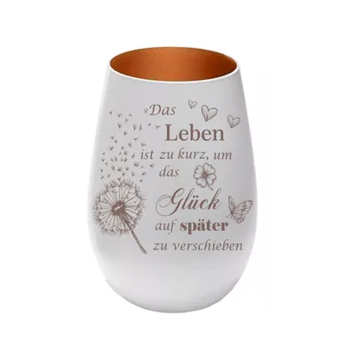Produktbild von Stölzle Lausitz Windlicht aus Glas weiß bronze mit Lasergravur „Das Leben ist zu kurz...“, persönliches Geschenk für Freunde, Familie und Partner