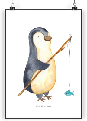 Produktbild von Mr. & Mrs. Panda Bild Pinguin Angler DIN A3 - Weiß - Geschenk, Wochenende, kunstdruck poster, Posterdruck, Geschenkidee, Angelurlaub, Urlaub, Neustart, drucke, Plakat