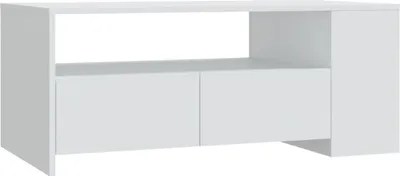 A white wooden media console with two drawers and an open shelf.