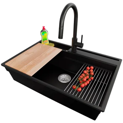 Produktbild von PRIMAGRAN Granitspüle Schwarz 78x53cm, Spülbecken 1 Becken + Ablauf-Set + Küchenzubehörset, Küchenspüle ab 80er Unterschrank - Oslo Pocket