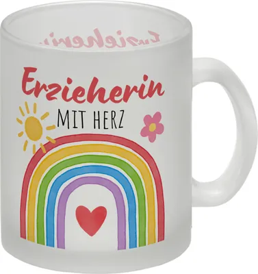 Produktbild von Regenbogen Glas Tasse mit Spruch Erzieherin mit Herz