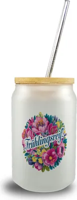 Produktbild von Frühlingsreif Blumendesign Trinkglas mit Bambusdeckel